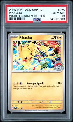2025 POKEMON SVP EN-SV BLACK STAR PROMO WORLD CHAMPIONSHIPS #225 PIKACHU PSA 10 - Image 1