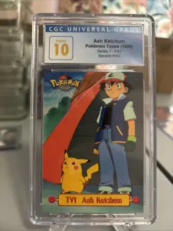 Ash Ketchum Pokemon Topps 1999 Series 1-TV1 Second Print (population 5) Grade 10 - Image 1