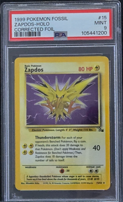 Pokemon Card Holo Zapdos 15/62 PSA 9 NM Fossil Corrected Foil - Image 1