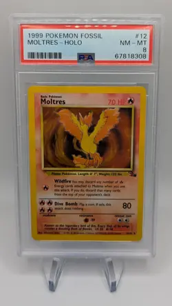1999 Pokemon Fossil Moltres Holo Unlimited #12/62 PSA 8 NM - Mint - Image 1