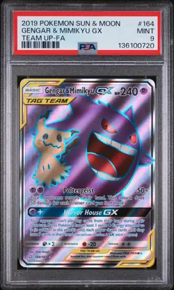 2019 POKEMON SUN & MOON TEAM UP #164 FULL ART/GENGAR & MIMIKYU GX PSA 9 - Image 1