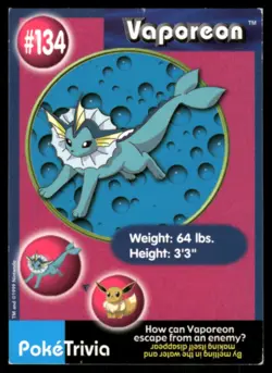 1998 Pokemon Mewtwo Strikes Back #134 Vaporeon Movie Scene PokeTrivia Card VG-EX - Image 1
