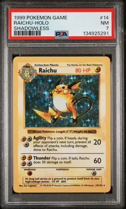1999 POKEMON GAME SHADOWLESS #14 RAICHU-HOLO PSA 7 - Image 1