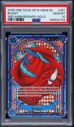 2026 ONE PIECE OP14-EB04-THE AZURE SEA'S SEVEN 3RD ANV-GOLD #051 BUGGY PSA 10 - Image 1