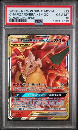 2019 POKEMON SUN & MOON COSMIC ECLIPSE #22 CHARIZARD & BRAIXEN GX PSA 10 - Image 1