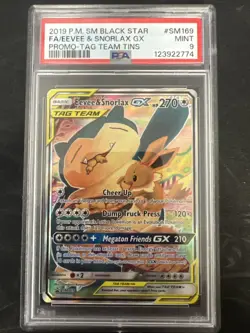 Pokemon TCG Eevee & Snorlax GX SM169 Holo Black Star Promo Tag Team PSA 9 - Image 1