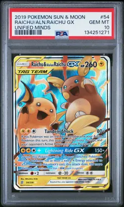 PSA 10 Raichu & Alolan Raichu GX 54/236 Unified Minds Pokemon TCG - Image 1