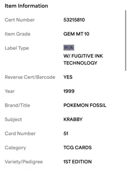 Pokemon Krabby 51/62 Fossil 1st Edition PSA 10 Regular English TCG Card - Image 5