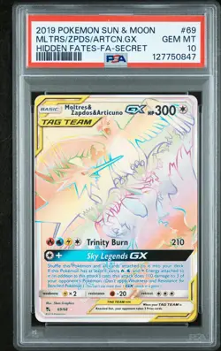 2019 Pokemon Hidden Fates Moltres Zapdos Articuno GX 69/68 Secret Rainbow PSA 10 - Image 1