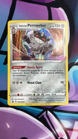 NM Galarian Perrserker STAFF Promo Prerelease Pokemon SWSH Black Star SWSH008 - Image 1