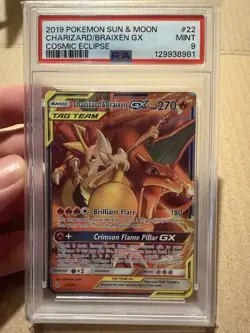 Charizard & Braixen GX 22/236 Cosmic Eclipse Tag Team PSA 9 Graded Card - Image 1
