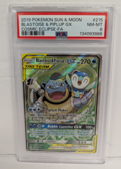 2019 Pokemon Sun & Moon #215 Blastoise & Piplup GX Cosmic Eclipse-FA PSA 8 - Image 1