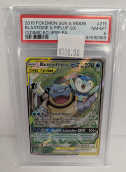 2019 Pokemon Sun & Moon #215 Blastoise & Piplup GX Cosmic Eclipse-FA PSA 8 - Image 3