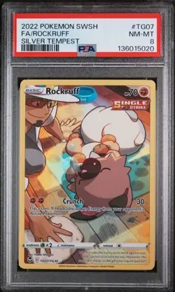 2022 POKEMON SWORD & SHIELD SILVER TEMPEST #TG07 FULL ART/ROCKRUFF PSA 8 - Image 1