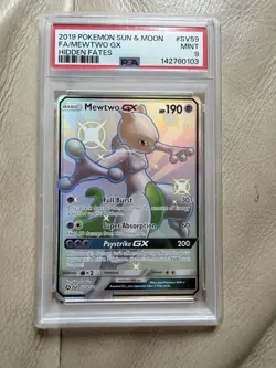 Pokemon TCG Mewtwo GX SV59/SV94 Full Art Shiny Hidden Fates PSA 9 Regradeable - Image 1