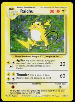 1999 Pokemon Gaming Set Unlimited Raichu #14/102 Rare Holo - Image 1