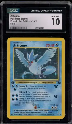 Pokemon Articuno Fossil 1st Edition Holo Rare #2 CGC 10 Gem Mint - Image 1