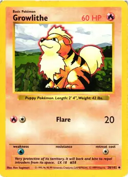 Pokemon TCG Growlithe 28/102 Uncommon Base Set Shadowless DMG - Image 1