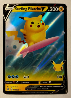 Surfing Pikachu V 008/025 Celebrations 25th Anniversary Pokemon Card NM - Image 1