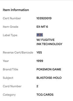 (MA4) Pokemon Game Card #2 Blastoise Holo PSA EX-MT 6 - 103920019 - Image 4