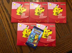 2021 MCDONALDS POKEMON 25TH ANNIV. CARDS / TOYS - RED #3 - 5 PACKS + PIKACHU - - Image 1