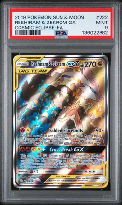 Reshiram Zekrom GX Tag Team PSA 9 222/236 Cosmic Eclipse 2019 Pokemon Sun & Moon - Image 1
