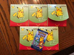 2021 MCDONALDS POKEMON 25TH ANNIV. CARDS / TOYS - GREEN #4 - 5 PACKS + PIKACHU - Image 1