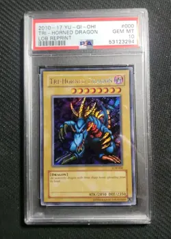 2010-2017 YU-GI-OH! LOB 000 TRI-HORNED DRAGON REPRINT PSA 10 GEM MINT - Image 1