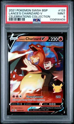 2021 POKEMON SWSH BLACK STAR PROMO CELEBRATIONS COLL LANCE'S CHARIZARD V PSA 9 - Image 1
