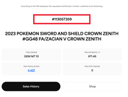 Pokemon Crown Zenith GG48/GG70 Zacian V Full Art PSA 10 - Image 3