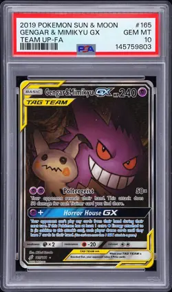 2019 POKEMON SUN & MOON TEAM UP #165 FULL ART/GENGAR & MIMIKYU GX PSA 10 - Image 1