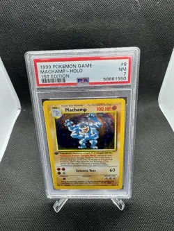 1999 Pokemon Game Base Set 1st Edition Machamp Holo #8 PSA 7 NM - Image 1