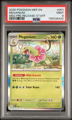 2025 POKEMON MEGA EVOLUTION PRERELEASE-STAFF PROMO #001 MEGANIUM PSA 9 - Image 1