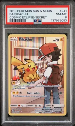 2019 POKEMON SUN & MOON COSMIC ECLIPSE SECRET #241 FULL ART/PIKACHU PSA 8 - Image 1