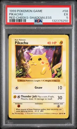 1999 POKEMON BASE SET SHADOWLESS RED CHEEKS-#58 PIKACHU PSA 5 - Image 1