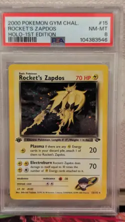 Pokemon 2000 1st Edition Gym Challenge Rocket's Zapdos rare holo card PSA 8 - Image 1