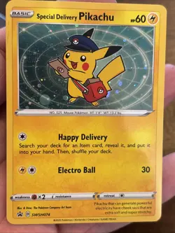 Pokemon Special Delivery Pikachu SWSH074 SWSH: Promo Card Holo DOUBLE SWIRL wow - Image 1