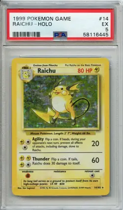 1999 Pokemon Game - RAICHU HOLO #14 - PSA 5 - Image 1