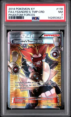 2014 POKEMON XY PHANTOM FORCES #118 FULL ART/LYSANDRE'S TRUMP CARD PSA 7 - Image 1