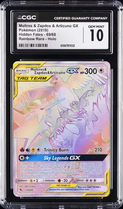 2019 POKEMON HIDDEN FATES RAINBOW RARE #69 MOLTRES & ZAPDOS & ARTICUNO GX CGC 10 - Image 1