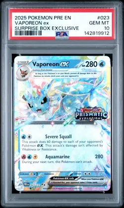 2025 POKEMON PRISMATIC EVOLUTIONS SURPRISE BOX EXCLUSIVE #023 VAPOREON EX PSA 10 - Image 1