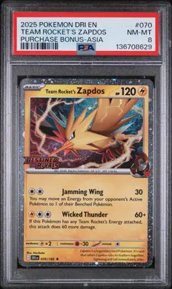2025 POKEMON DESTINED RIVALS PURCHASE BONUS-ASIA #070 TEAM ROCKET'S ZAPDOS PSA 8 - Image 1
