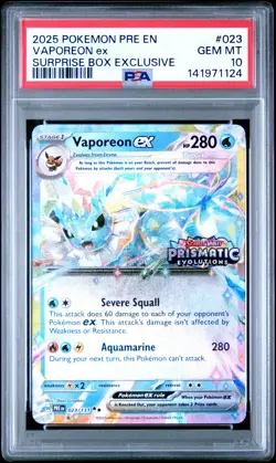 2025 POKEMON PRISMATIC EVOLUTIONS SURPRISE BOX EXCLUSIVE #023 VAPOREON EX PSA 10 - Image 1