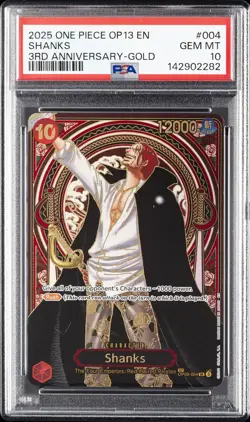 2025 ONE PIECE OP13-CARRYING ON HIS WILL 3RD ANNIVERSARY-GOLD #004 SHANKS PSA 10 - Image 1