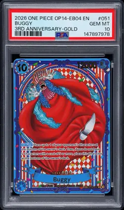 2026 ONE PIECE OP14-EB04-THE AZURE SEA'S SEVEN 3RD ANV-GOLD #051 BUGGY PSA 10 - Image 1