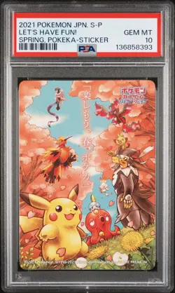 2021 POKEMON JAPANESE S PROMO STICKER LET'S HAVE FUN! SPRING, POKEKA PSA 10 - Image 1
