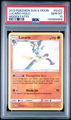 2019 POKEMON SUN & MOON HIDDEN FATES #SV22 LUCARIO-HOLO PSA 10 - Image 1