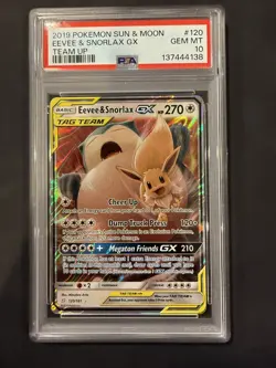 2019 POKEMON SUN & MOON TEAM UP #120 EEVEE & SNORLAX GX PSA 10 - Image 1