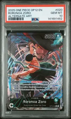 2025 One Piece OP12 En Roronoa Zoro Alternate Art #020 PSA 10 Gem Mint - Image 1