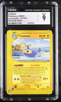 CGC 9 MINT Lanturn 2003 Aquapolis 21/147 Reverse Holo Pokemon Card - Image 1